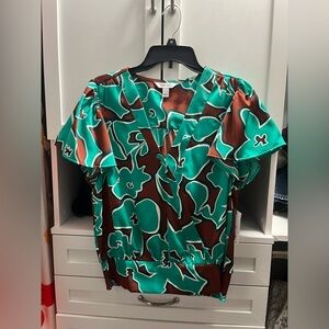 Nine West Blue and Green Graphic Short Sleeve Blouse